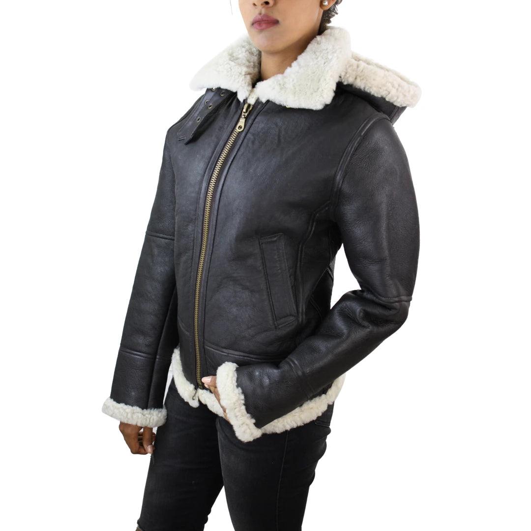 Ladies Aviator White Brown Hooded Real Shearling Sheepskin Leather Jacket - Knighthood Store