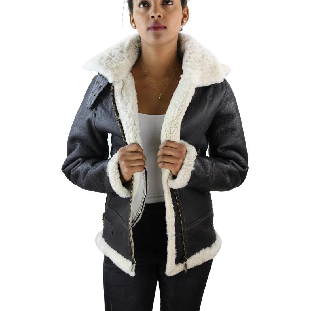 Ladies Aviator White Brown Hooded Real Shearling Sheepskin Leather Jacket - Knighthood Store