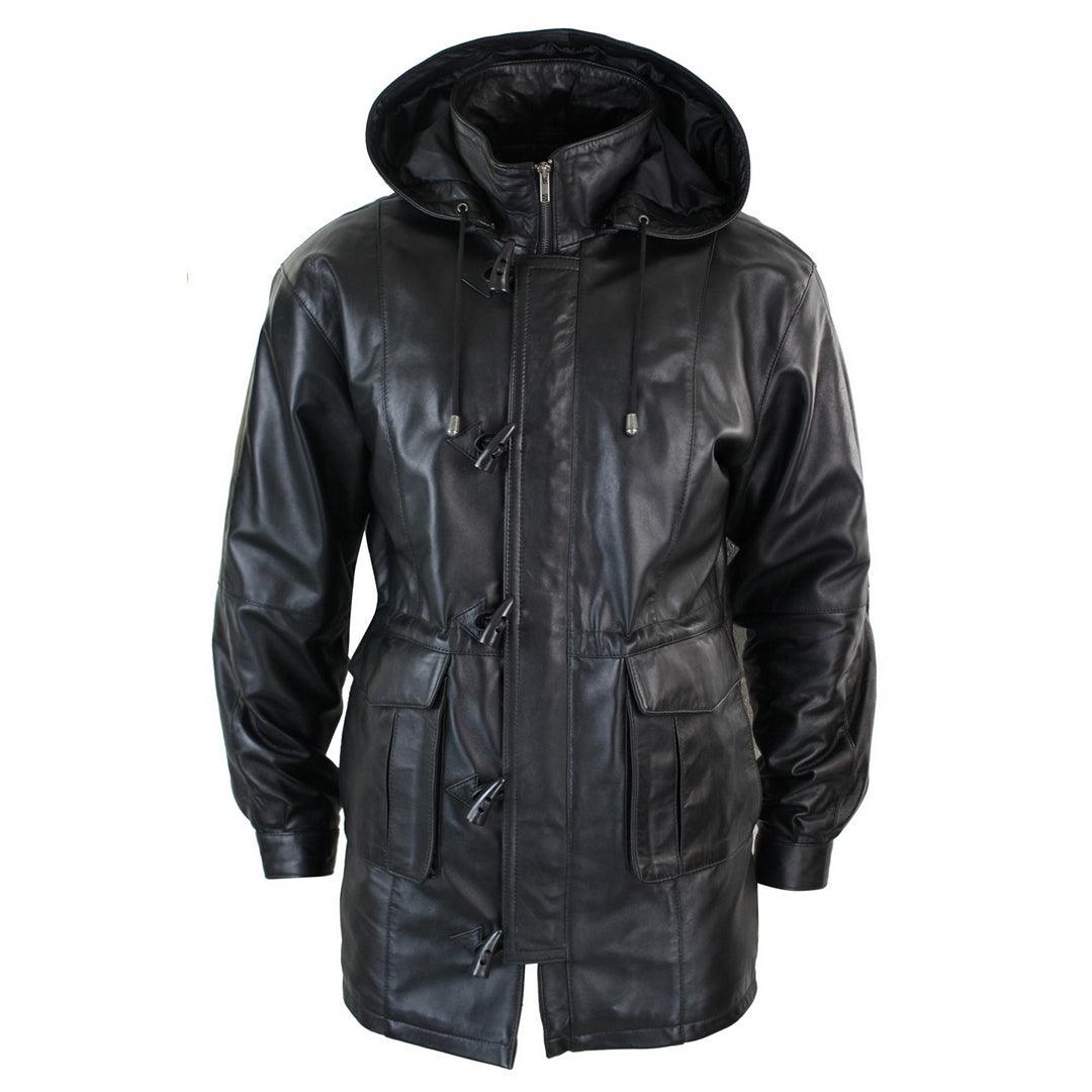 Mens 3/4 Long Real Leather Duffle Jacket Coat Safari Detachable Hood Classic - Knighthood Store