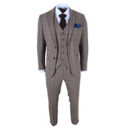 Harris - Men's Brown 3 Piece Herringbone Check Tweed Suit