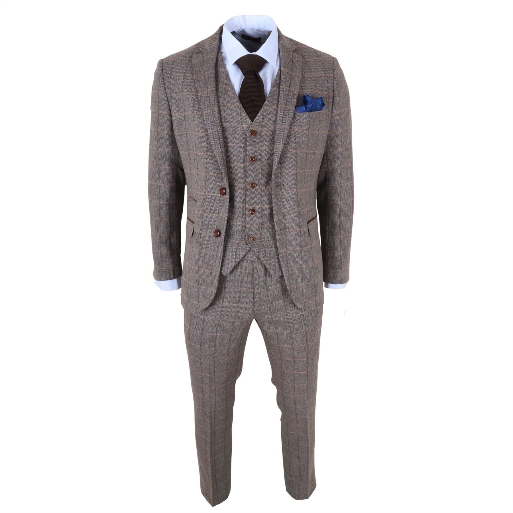 Harris - Men's Brown 3 Piece Herringbone Check Tweed Suit