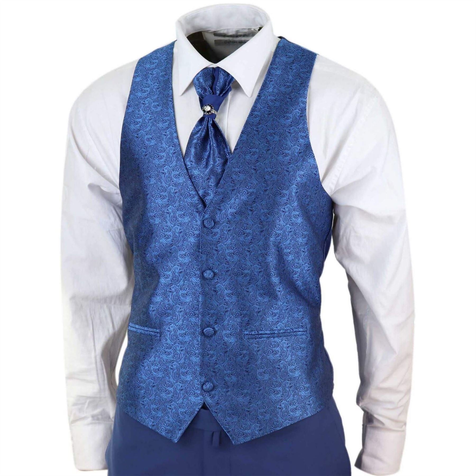 Mens 4 Piece Wedding Suit Groom Shawl Collar Vintage Blue Cravat Tailored Fit
