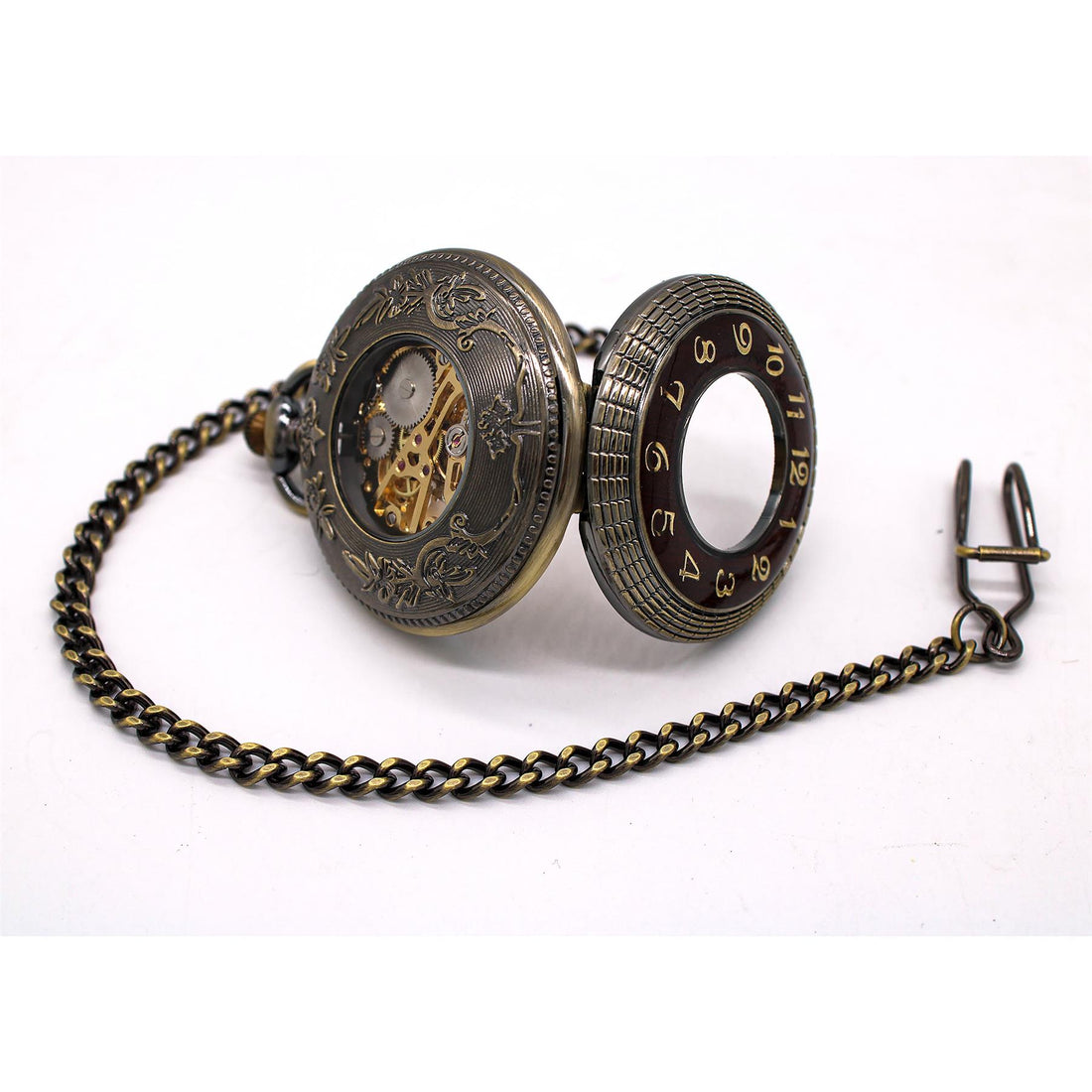 Mechanical Skeleton Wooden Half Hunter Pocket Watch