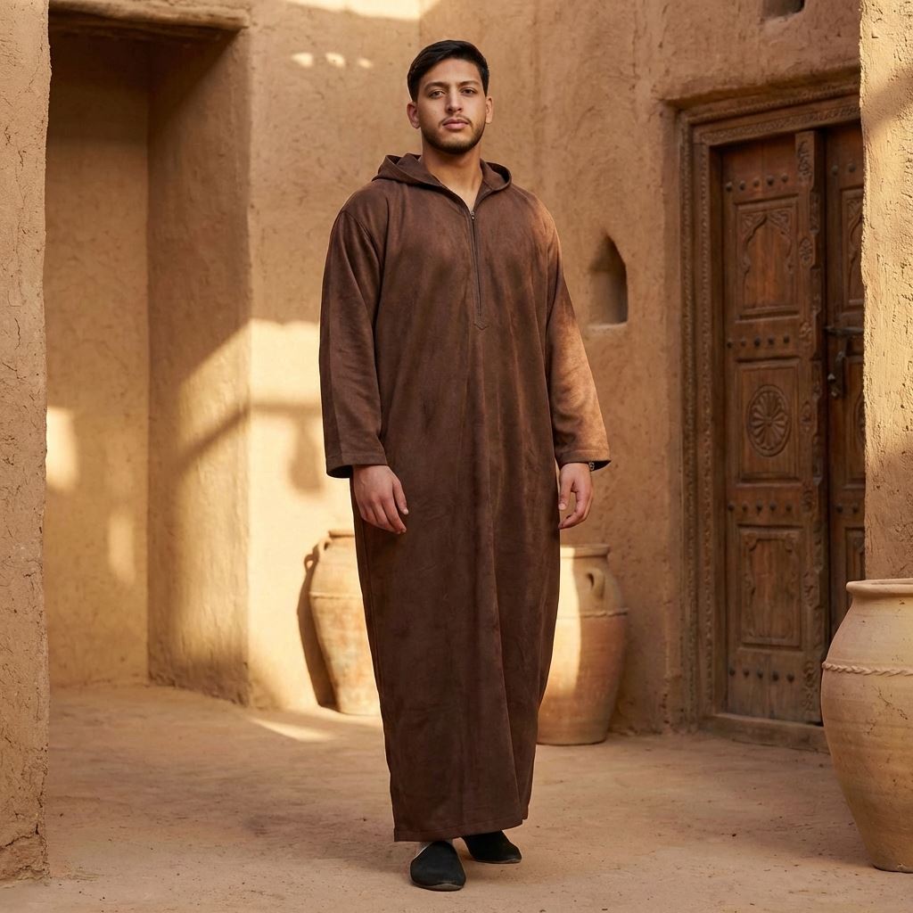 HM12 - Men's Hooded Suede Thobe Emirati Omani Zipped Thobe