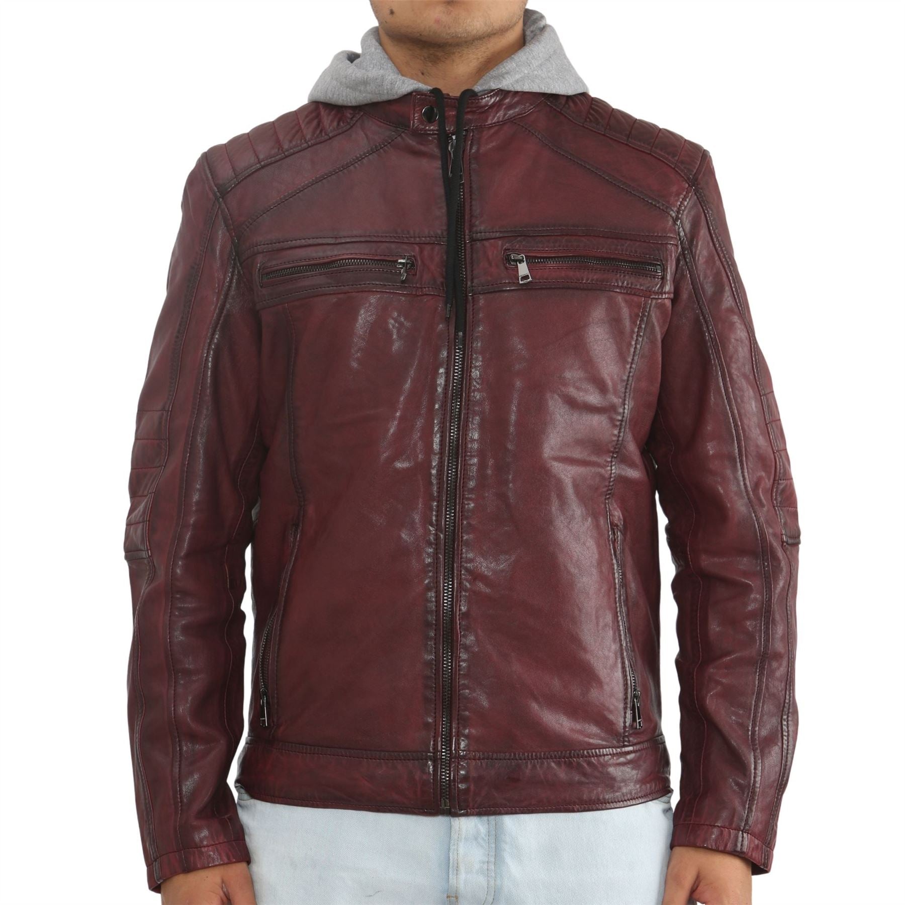 Men's Hooded Biker Lamb Leather Jacket