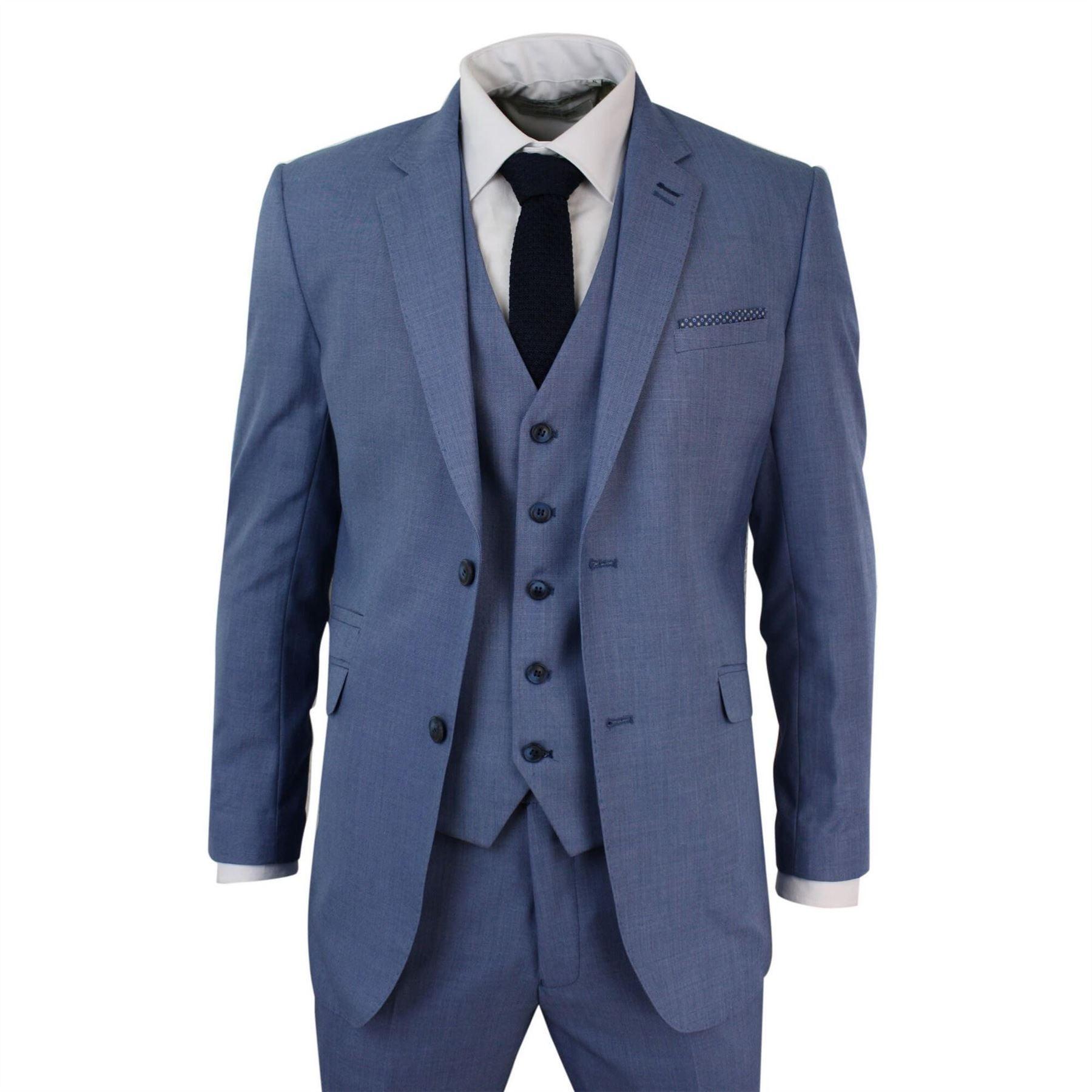 Mens Light Sky Blue 3 Piece Smart Formal Wedding Party Suit Tailored Fit - Knighthood Store