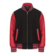 Boys Wool Real Leather Varsity Kids Bomber Jacket Varsity Black White Vintage - Knighthood Store