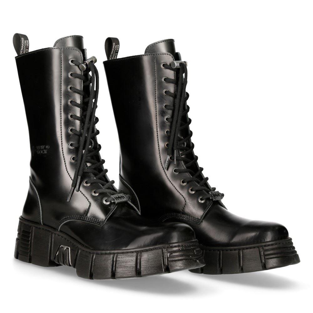 New Rock M-WALL027N-C2 Boots Black Leather Wall Rock Biker Mid-Calf Tower Boots - Knighthood Store