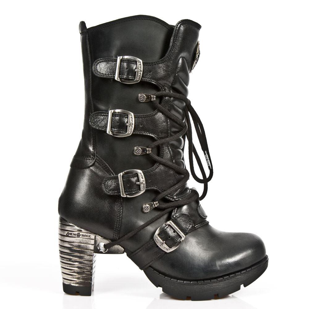 New Rock TR003-S1 womens Platform Heel Metal Rock Punk Laces Mid Boots Goth - Knighthood Store