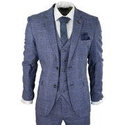 Mens 3 Piece Suit Blue Prince Of Wales Check Tailored Fit Summer Classic Vintage