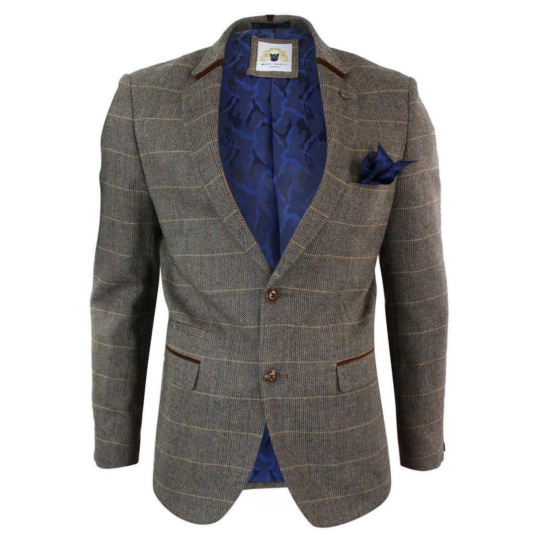 Mens Herringbone Tweed Marc Darcy Tan Brown Slim Fit 2 Button Blazer Check Jacket - Knighthood Store