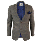 Mens Herringbone Tweed Marc Darcy Tan Brown Slim Fit 2 Button Blazer Check Jacket - Knighthood Store