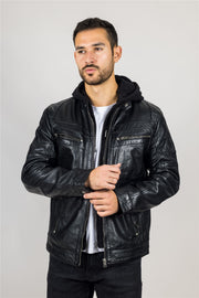Men's Black Hooded Genuine Leather Motorcycle Biker Jacket