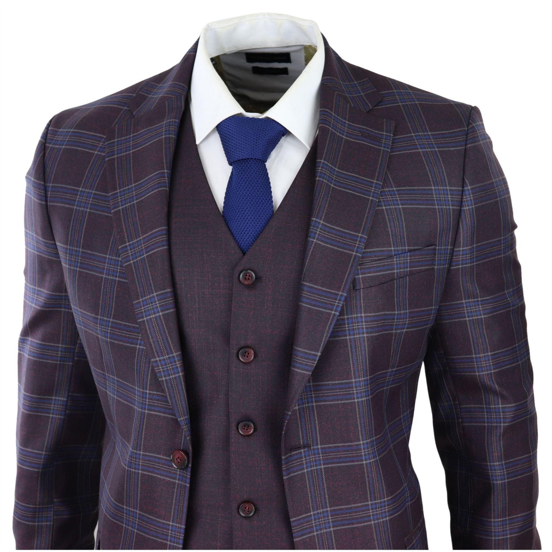 Mens 3 Piece Suit Purple Blue Check Check Contrasting Waistcoat Trouser Wedding - Knighthood Store