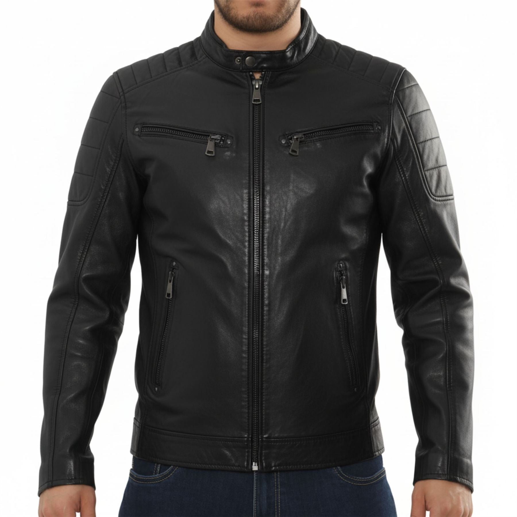 Men's Lambskin Leather Motorcycle Jacket Slim Fit Biker Coat