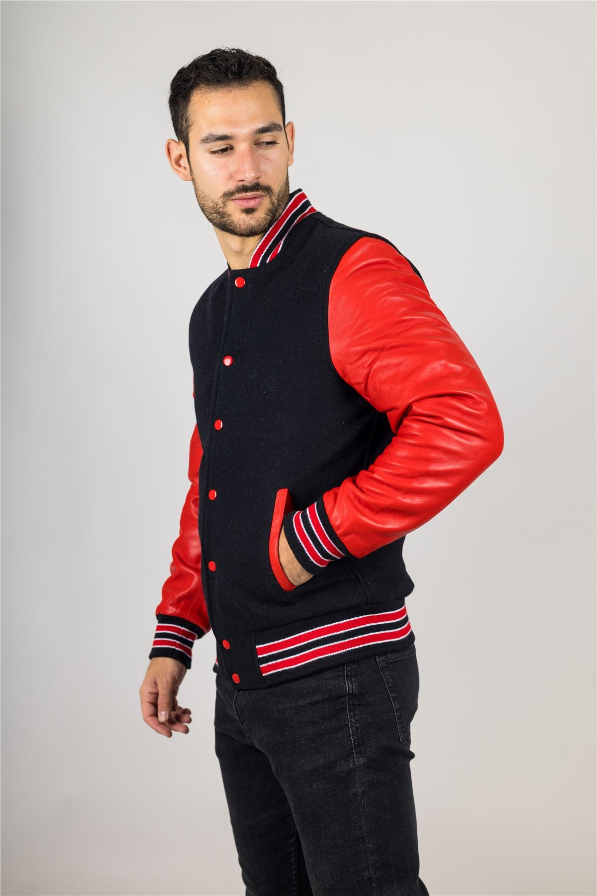 Men's Black Red Varsity Bomber Jacket Wool Body Real Leather Sleeves College Baseball Coat