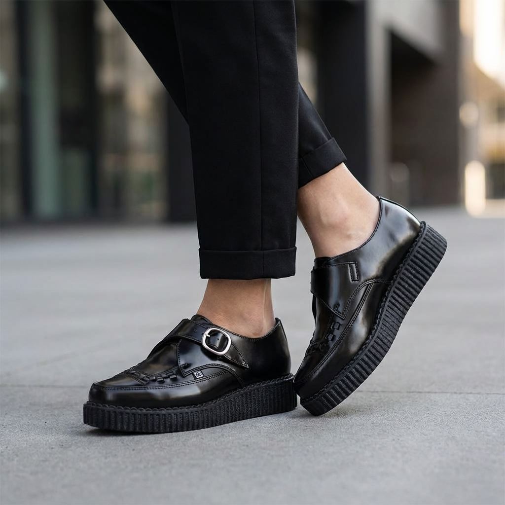 Pointed Creeper Black Leather Monk Buckle Platform Shoes