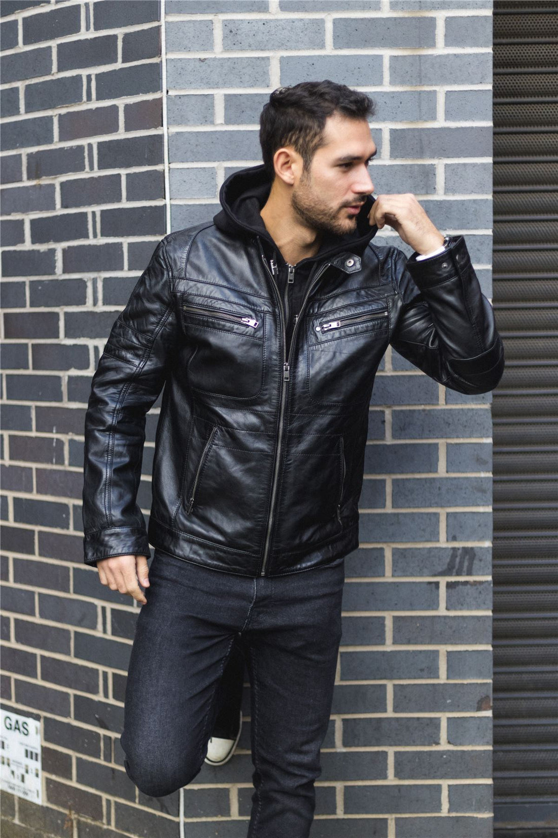 Men's Black Hooded Genuine Leather Motorcycle Biker Jacket