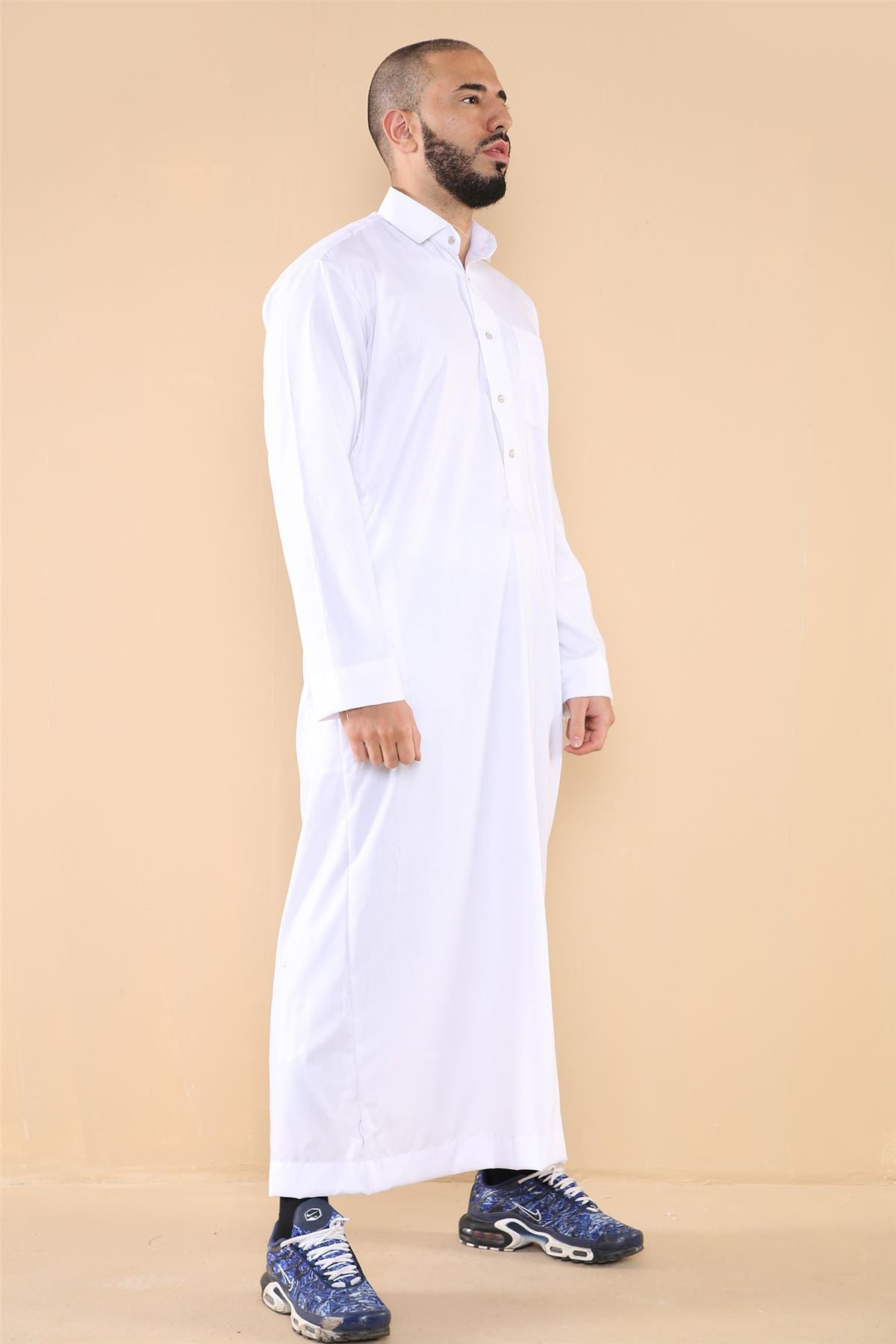 Mens Thobe Jubba Turn Down Collar Islamic Muslim Cotton Kaftan Dress Robe Arabic
