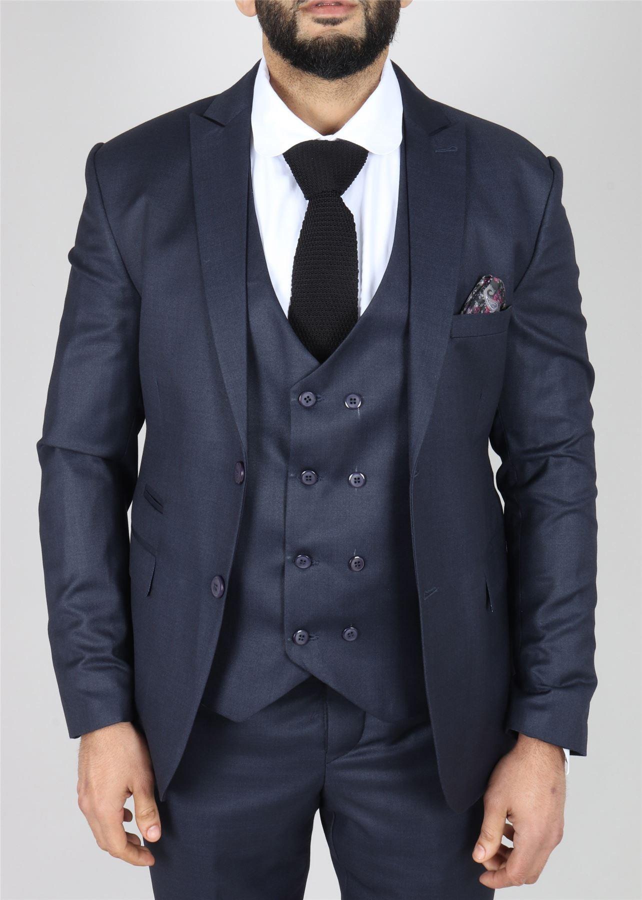 Men's Navy Suit Double Breasted 3 Piece Formal Dress - Knighthood Store