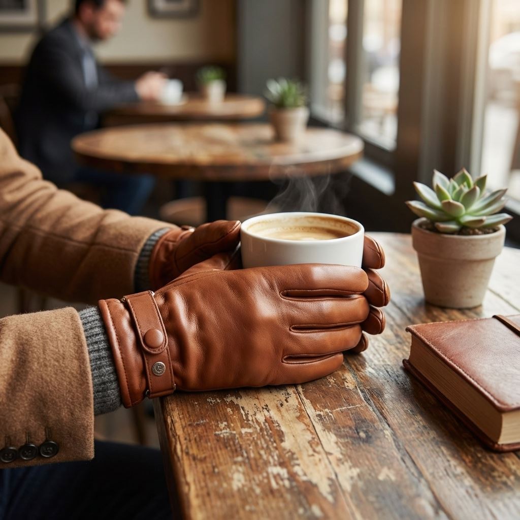 Men’s Genuine Leather Ribbed Knit Cuff Gloves