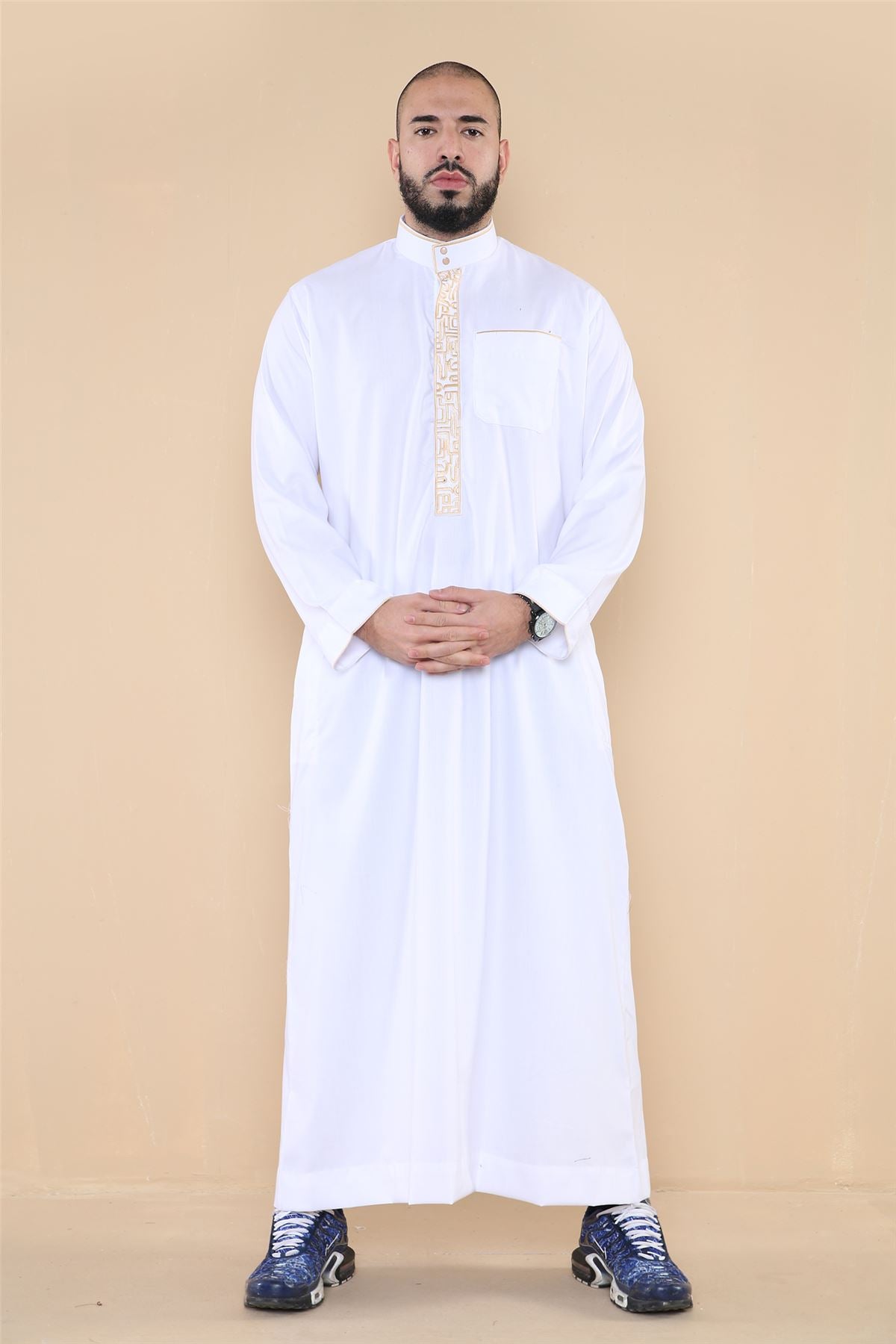 Mens Thobe Jubba Nehru Stand Collar Islamic Clothing Muslim Cotton Kaftan Embroidery Eid Robe Saudi
