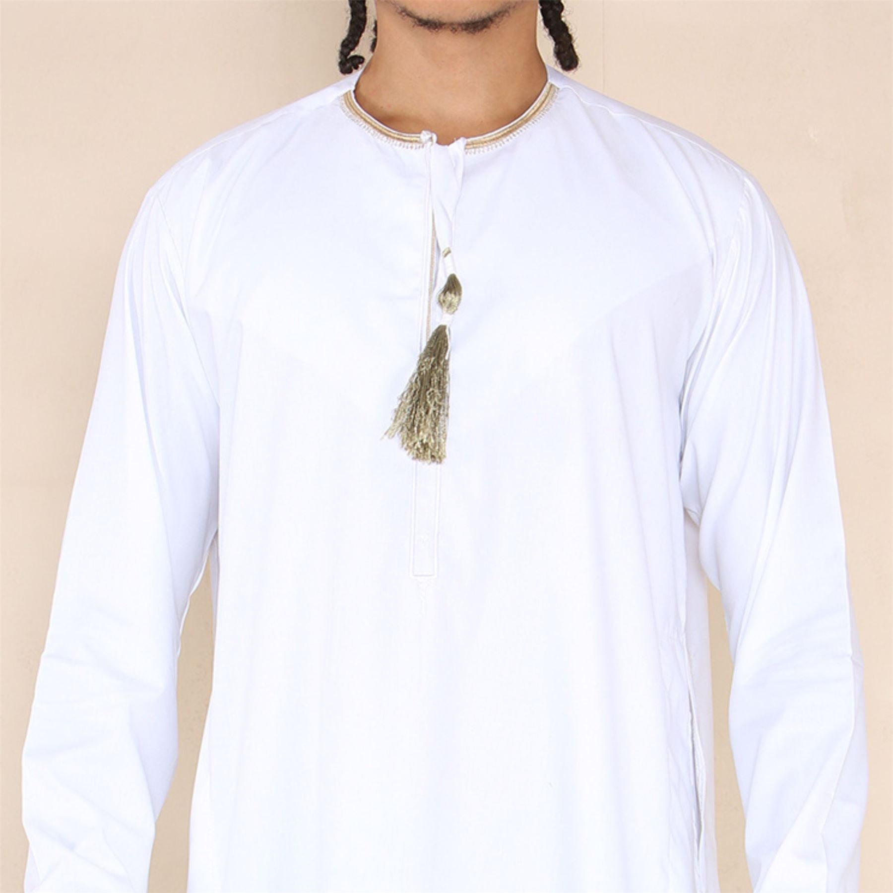 Mens Emirati Omani Thobe Jubba Islamic Clothing Muslim Kaftan Eid Robe Arab String Tassel