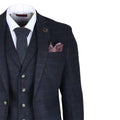 Men's Suit Wool Blend 3 Piece Navy Blue Herringbone Check Tweed Slim Fit Formal Dress - Knighthood Store