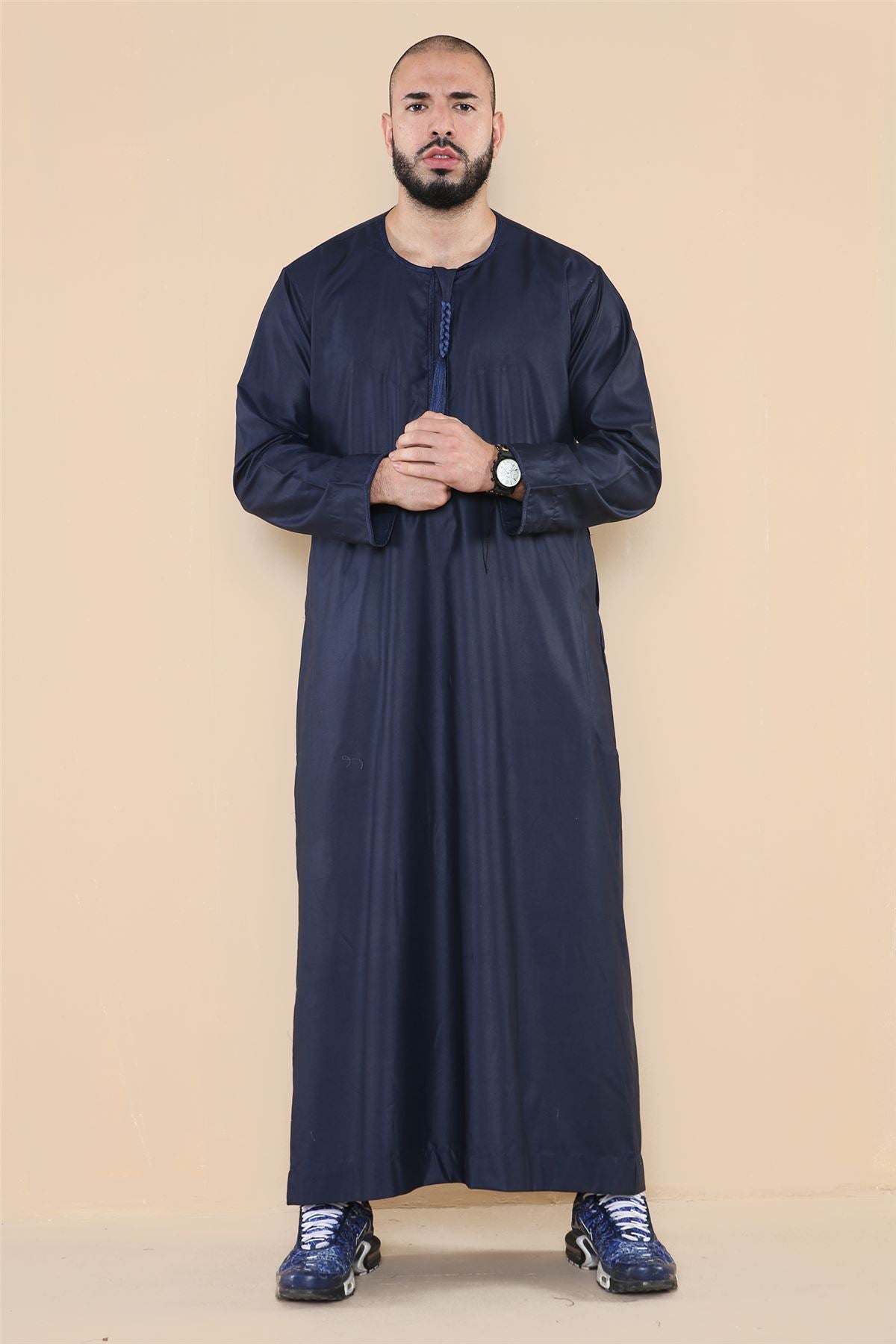 Mens Thobe Jubba Islamic Clothing Muslim Kaftan Emirati Omani Robe Arab Tassel