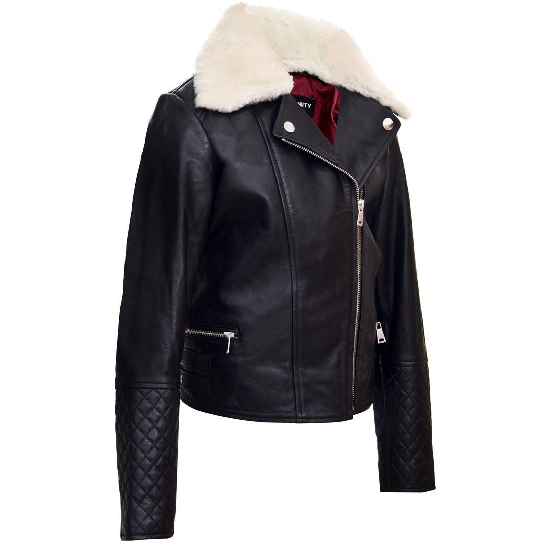 Girls Kids Real leather Biker Style Jacket Cross Zip Black Fur Collar Age 1 - 13 - Knighthood Store