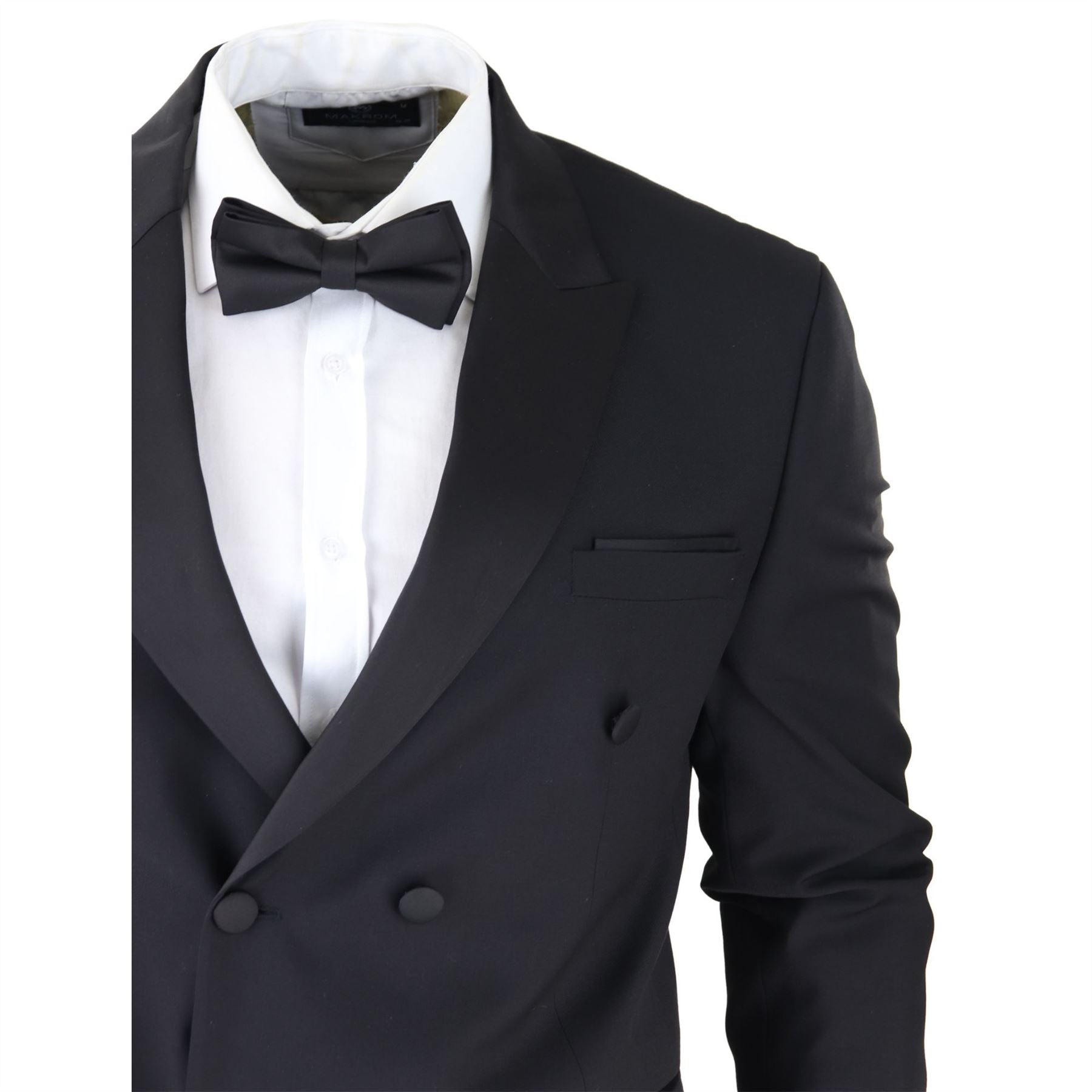 Mens Double Breasted Black Tuxedo Suit Dinner Jacket Stripe Trouser Tux Classic Satin