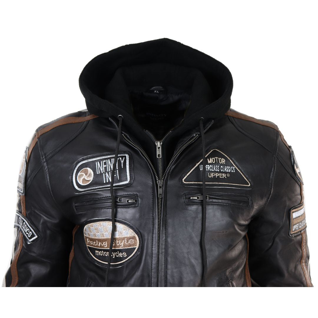 Men's Hooded Zipped Biker Leather Jacket | Infinity