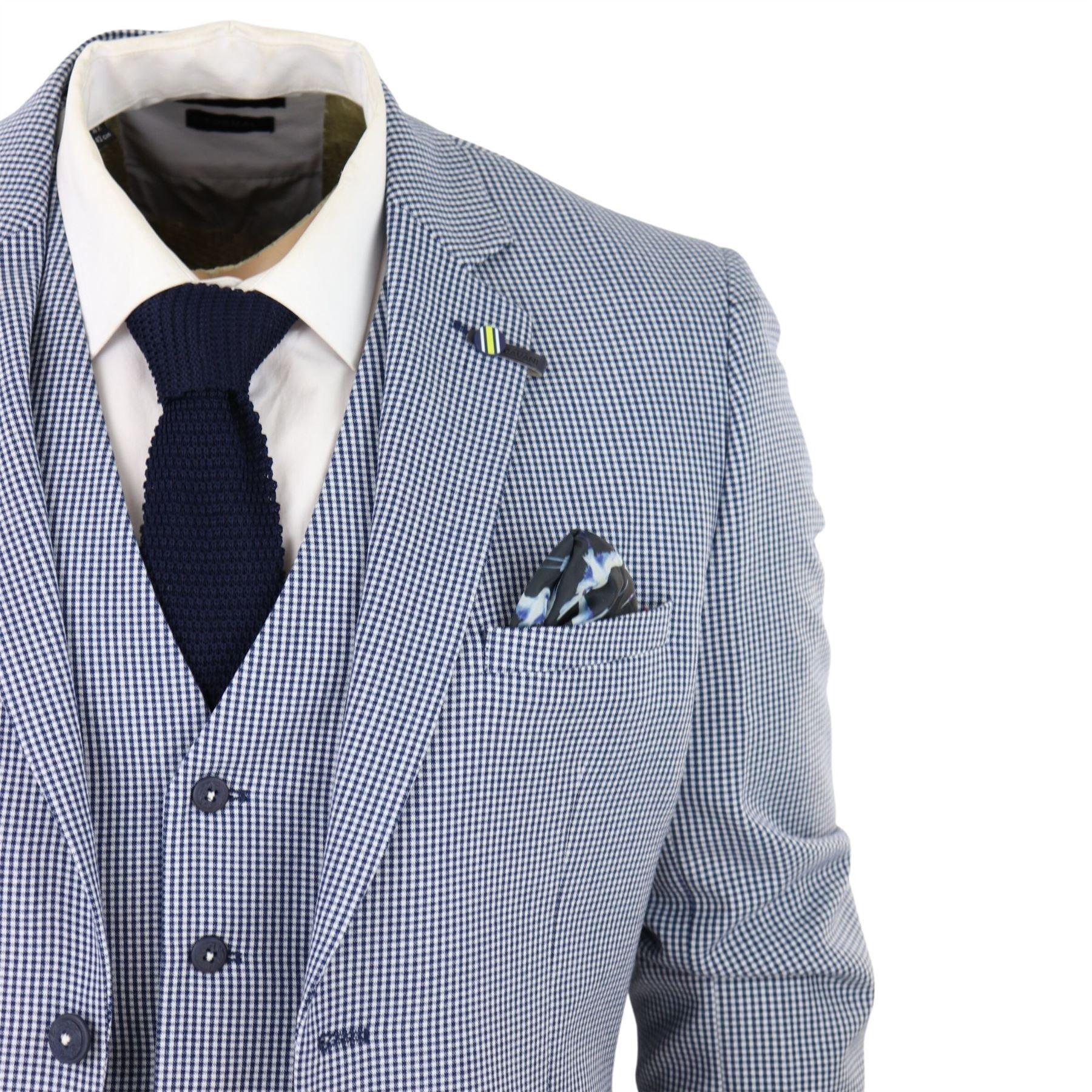 Mens 3 Piece Suit Grey Navy Contrasting Classic Summer Tailored Fit Regular Check - Knighthood Store