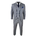 Mens Light Grey 3 Piece Suit Blue Check Double Breast Waistcoat Office Wedding Prom - Knighthood Store