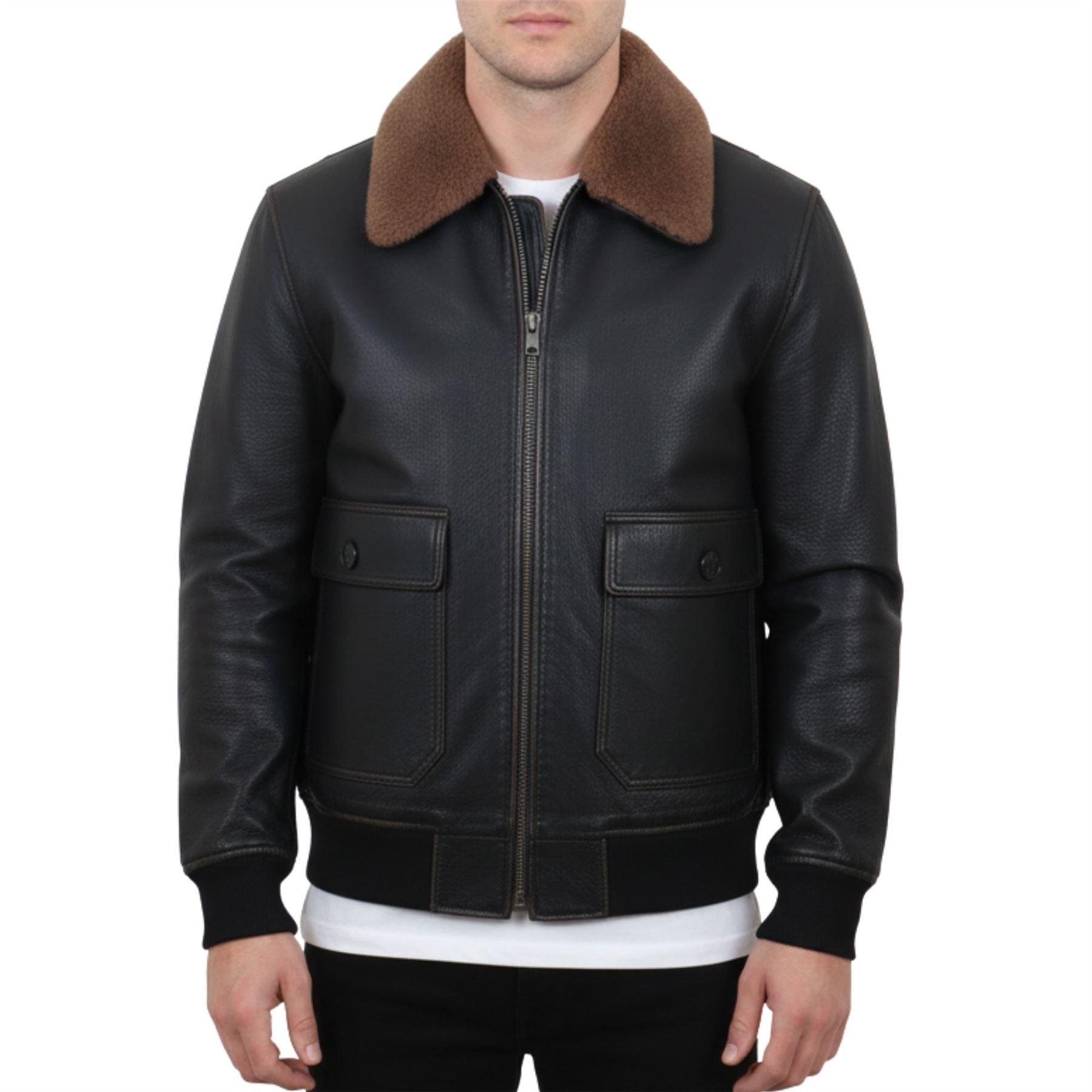 Men's Black Leather Bomber Aviator Jacket