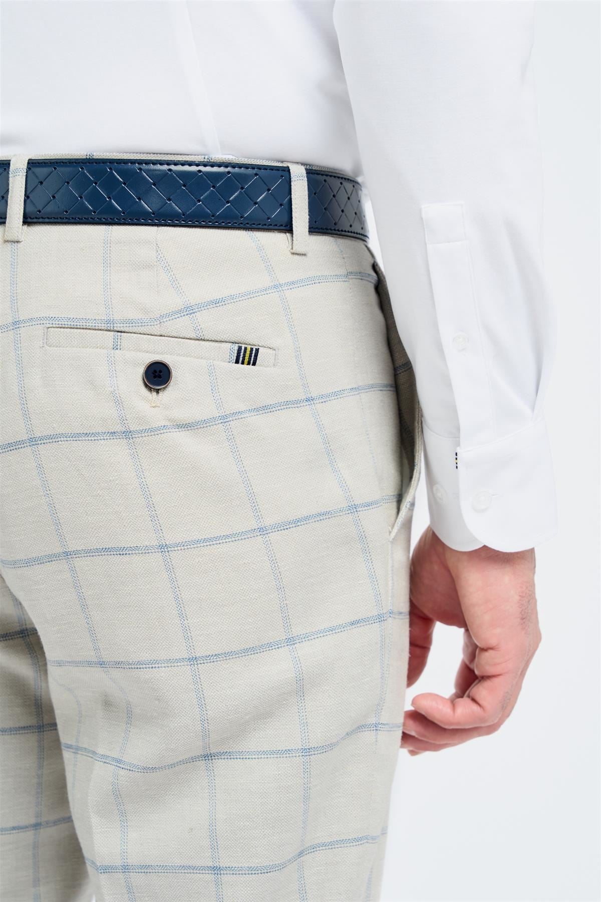 Men's Trousers Grey Checked Linen Suit Pants