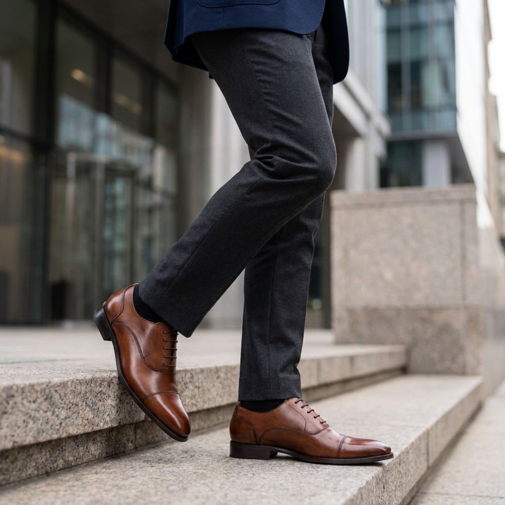 Men's Brown Plain Leather Brogue Cap-Toe Oxford Shoes