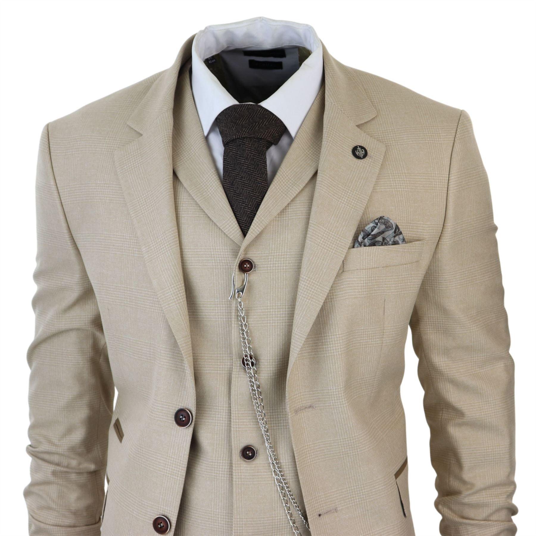 Mens 3 Piece Suit Prince Of Wales Check Cream Beige Tailored Fit Vintage Wedding - Knighthood Store