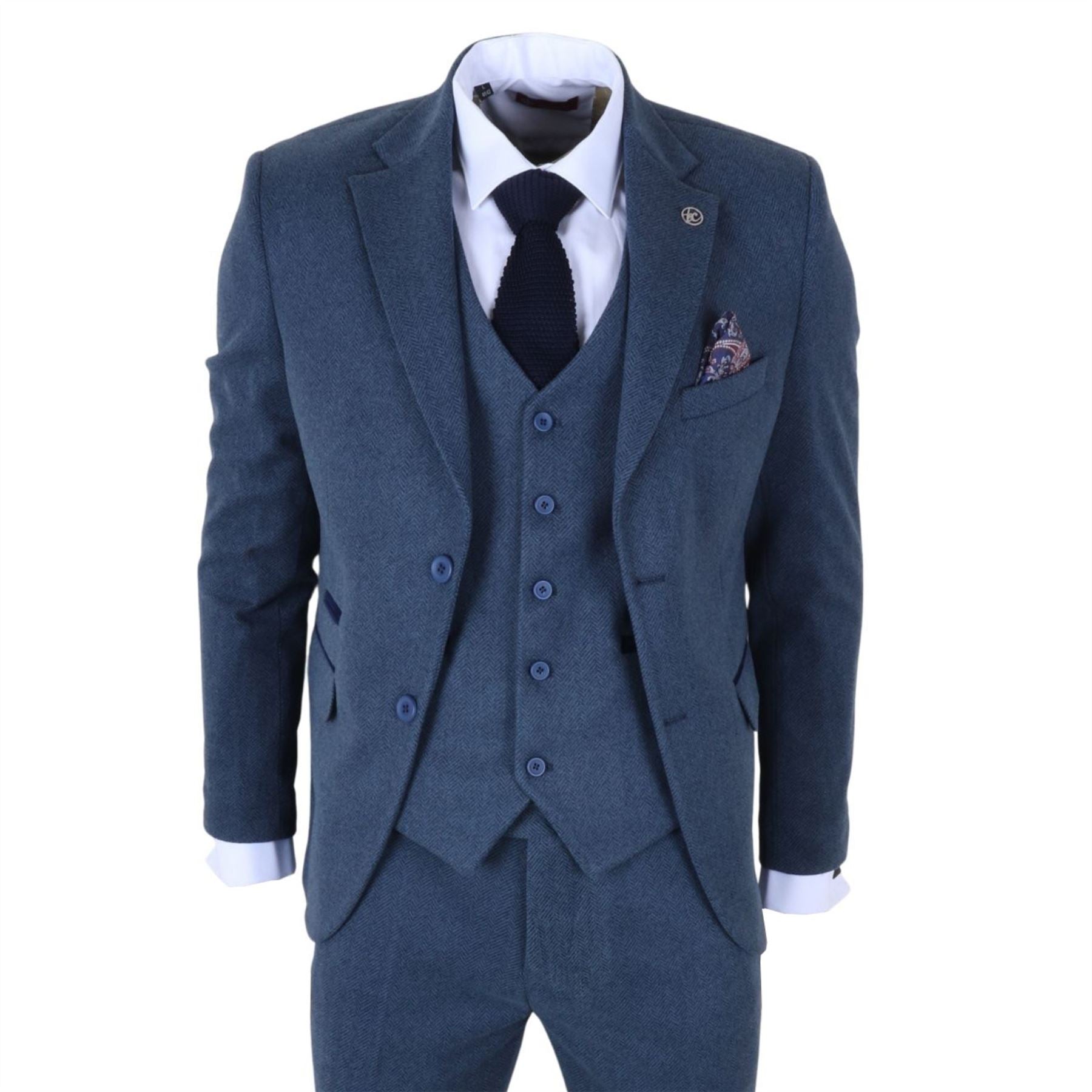 IM40 - Men's Blue 3 Piece Tweed Herringbone Suits