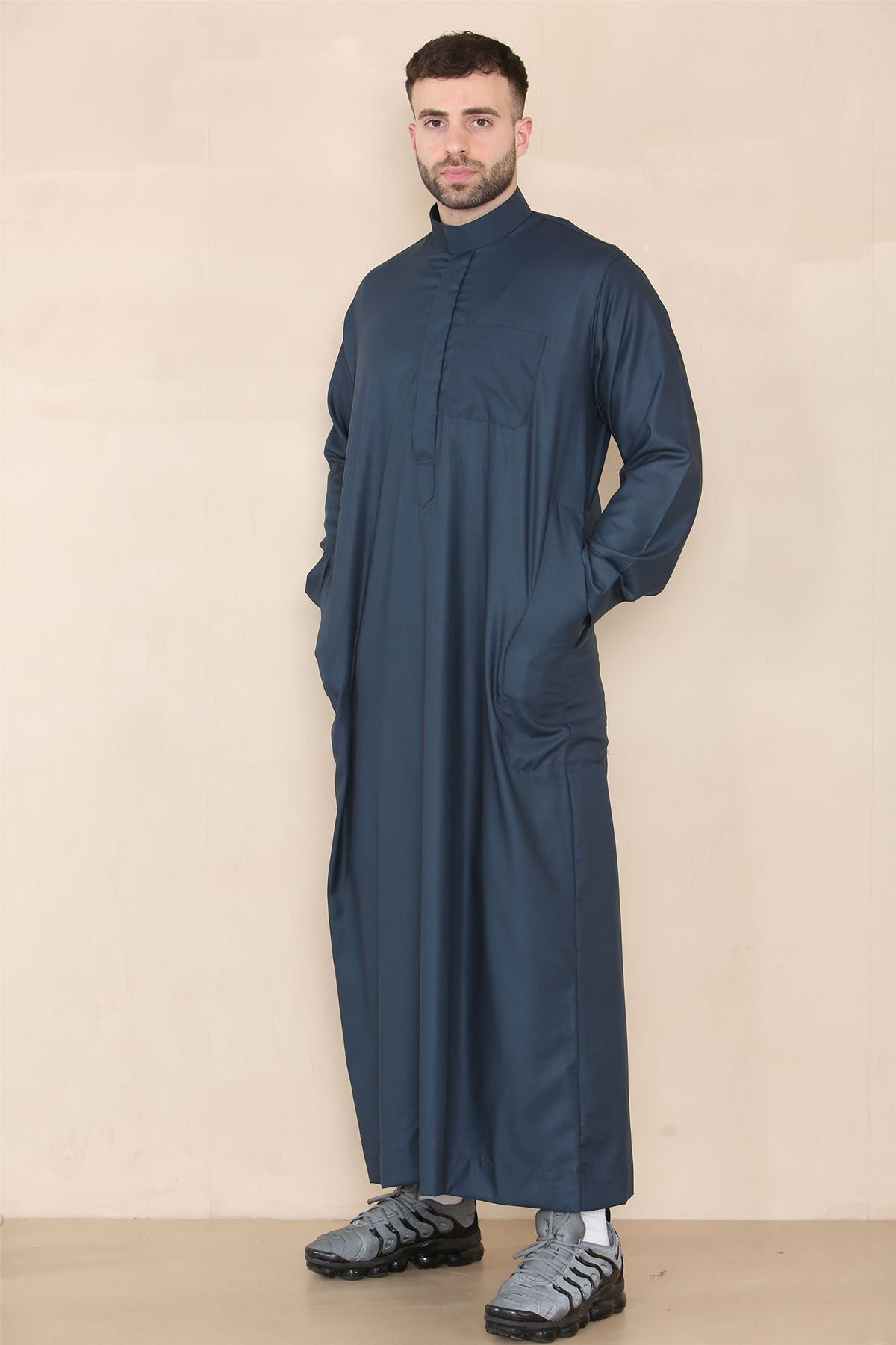 Mens Thobe Jubba Nehru Stand Collar Islamic Clothing Muslim Kaftan Eid Robe Saudi Slim Regular Fit