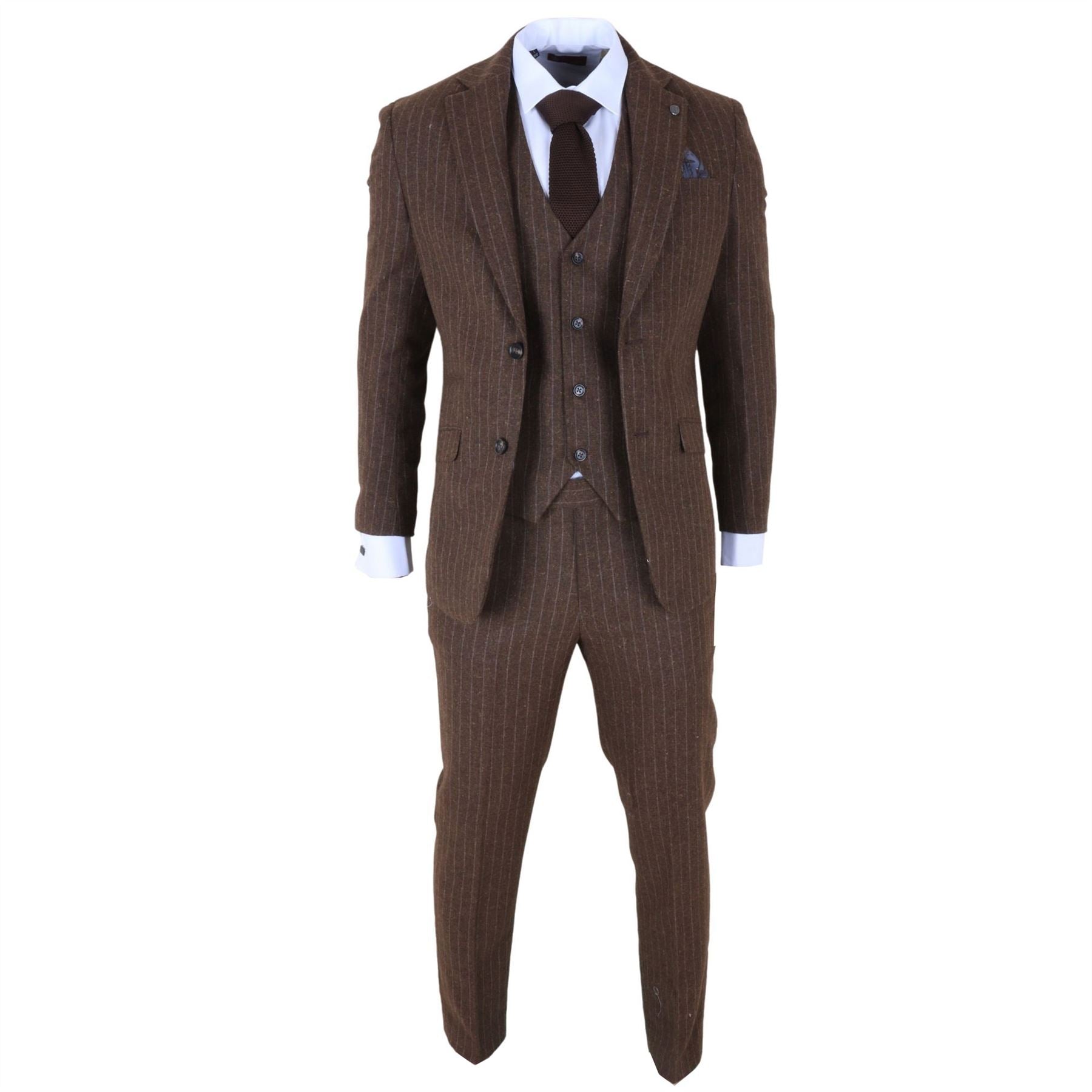 Victor - Men's Brown Pinstripe Slim Fit 3 Piece Suit