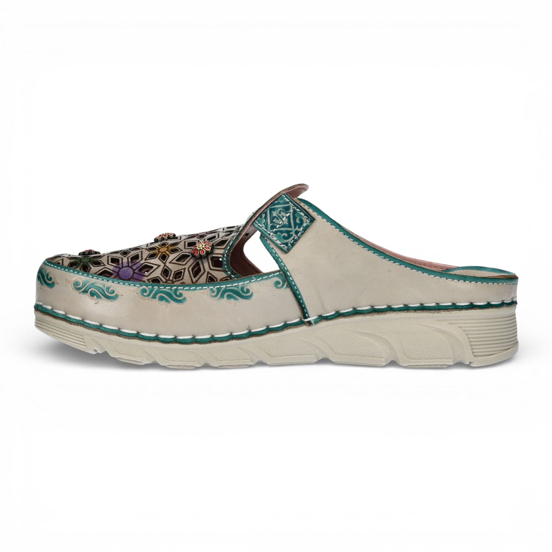 Dorry 01 - Women’s Floral Blue Leather Wedge Slipper
