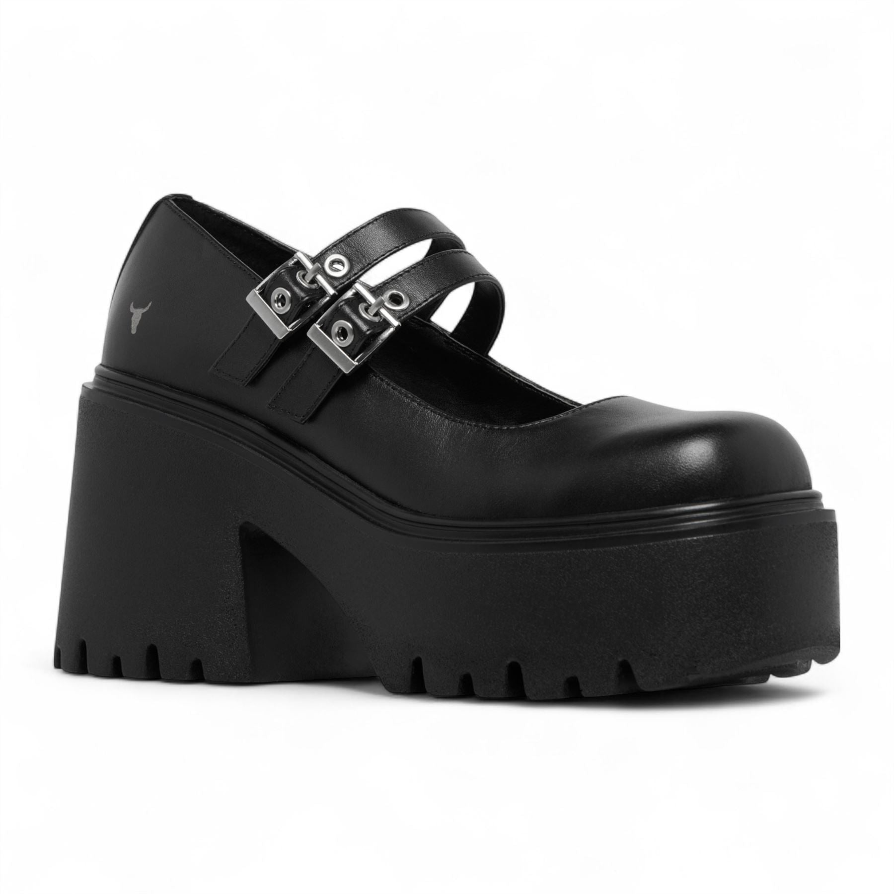 Lessons - Women's Black Leather Chunky Heel Buckle Shoes