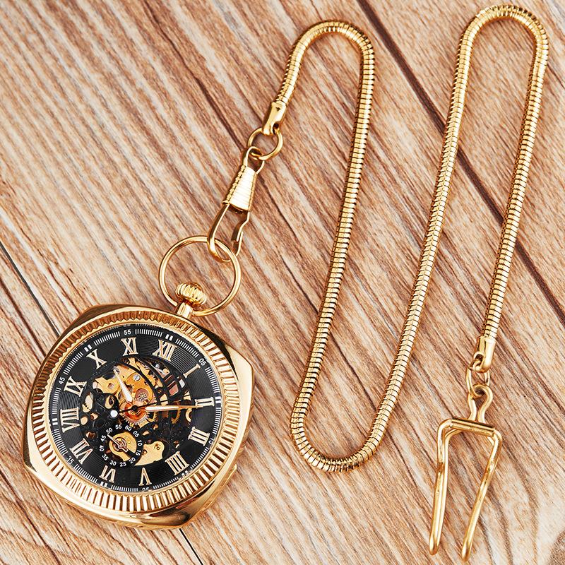 Mechanical Skeleton Open Face Square Pocket Watch