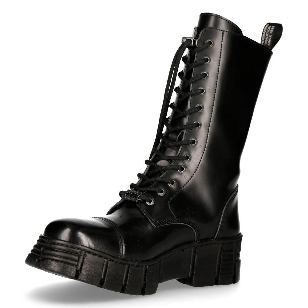 New Rock M-WALL127N-C1 Boots Black Leather Wall Rock Biker Mid-Calf Tower Boots - Knighthood Store