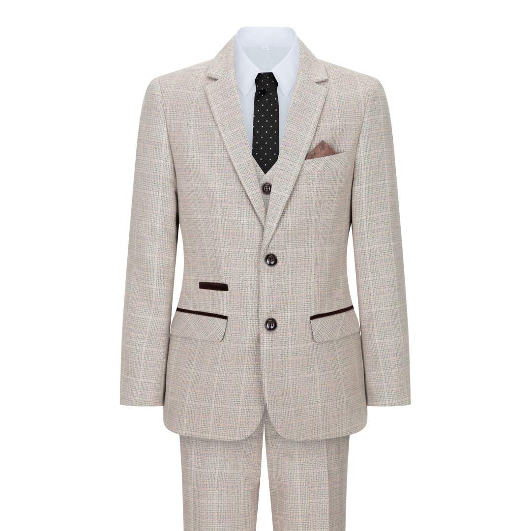 Boys Check Tweed Beige Brown 3 Piece Suit Wedding Vintage Retro Classic - Knighthood Store