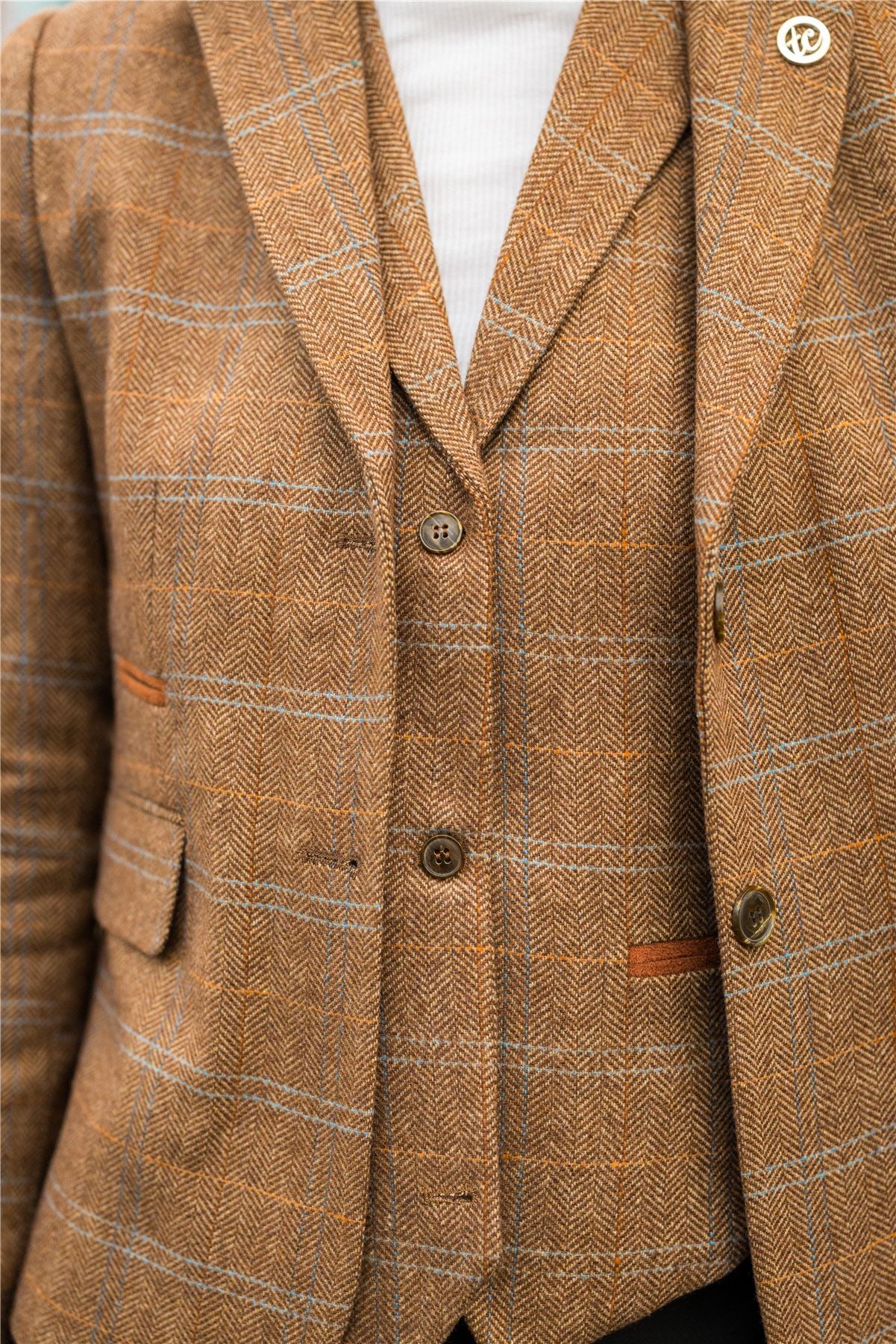 Women's Oak Brown Wool Blend Tweed Herringbone Checkered Blazer Waistcoat