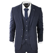 Mens 3 Piece Suit Pin Stripe Navy Classic Vintage Retro 1920s Tailored Fit Wedding