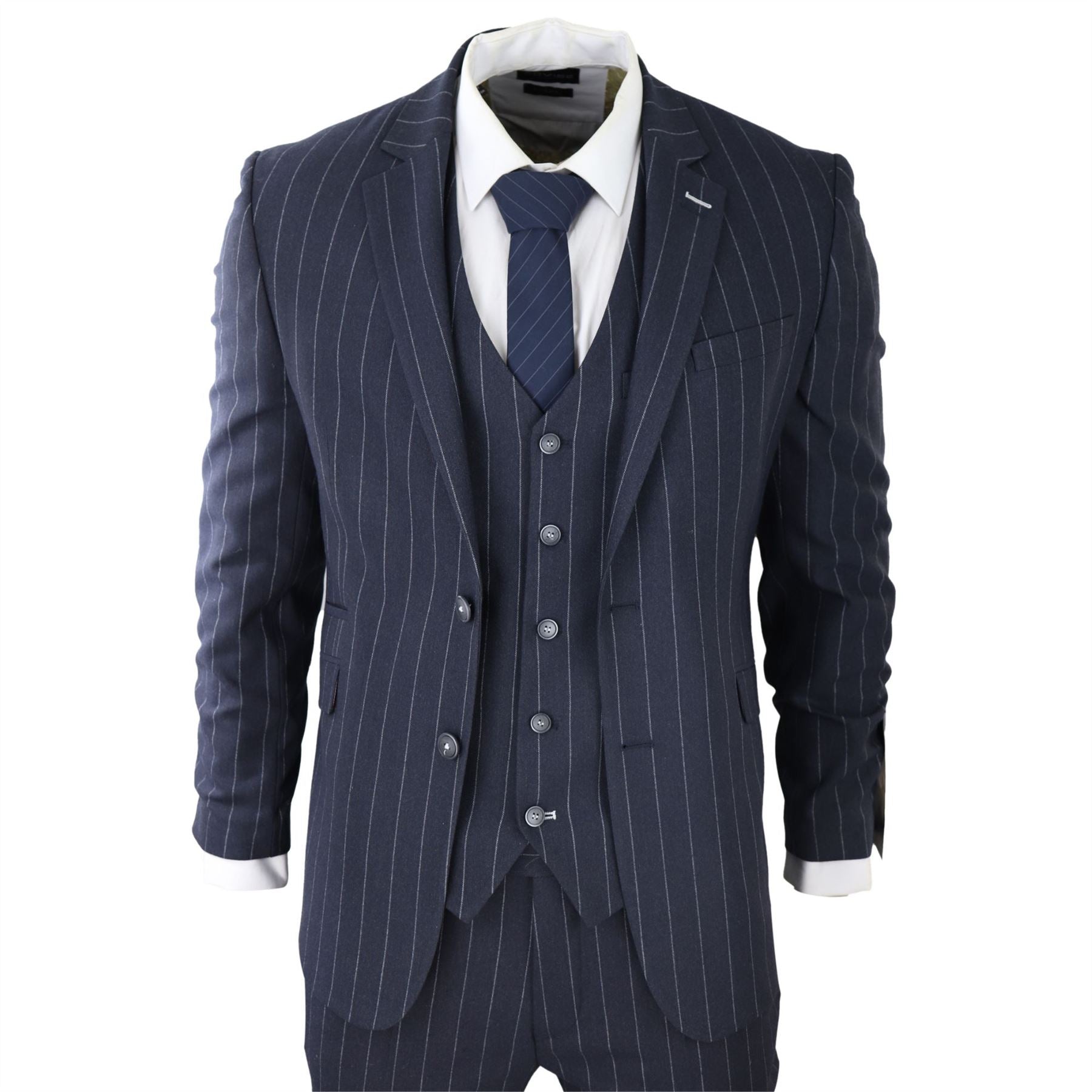 Mens 3 Piece Suit Pin Stripe Navy Classic Vintage Retro 1920s Tailored Fit Wedding