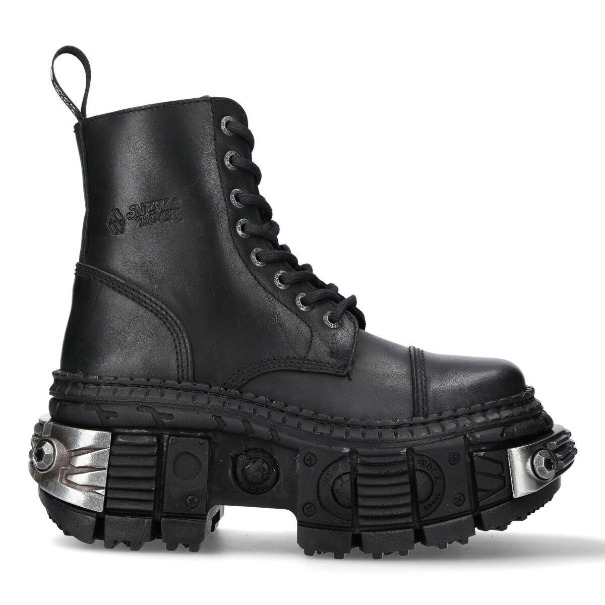 New Rock Boots WALL083C-S4 Unisex Metallic Black Leather Platform Gothic Boots - Knighthood Store